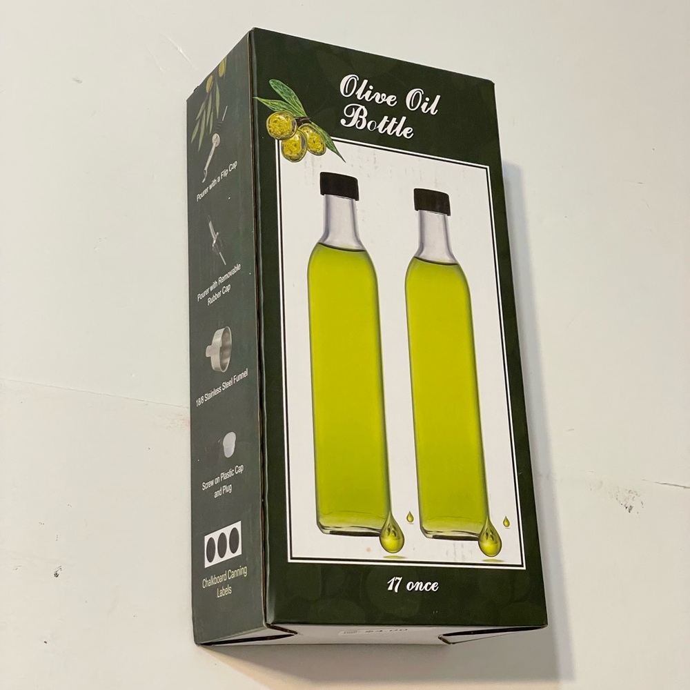 2 Pack 17oz Olive Oil Dispenser Set - Green Glass Bottle with Pourers & Funnel
